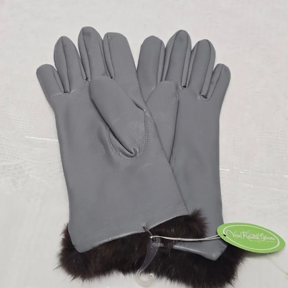 Vintage Van Raalte Real Rabbit Fur and Faux Leather Gray Womens Gloves XS/S NWT